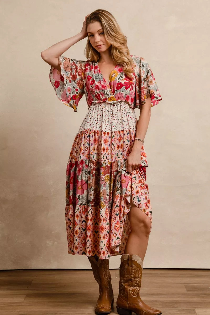 Bibi Floral Print Mix Midi Dress