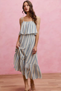 So Me Nautical Stripe Tiered Shoulder Tie Midi Dress