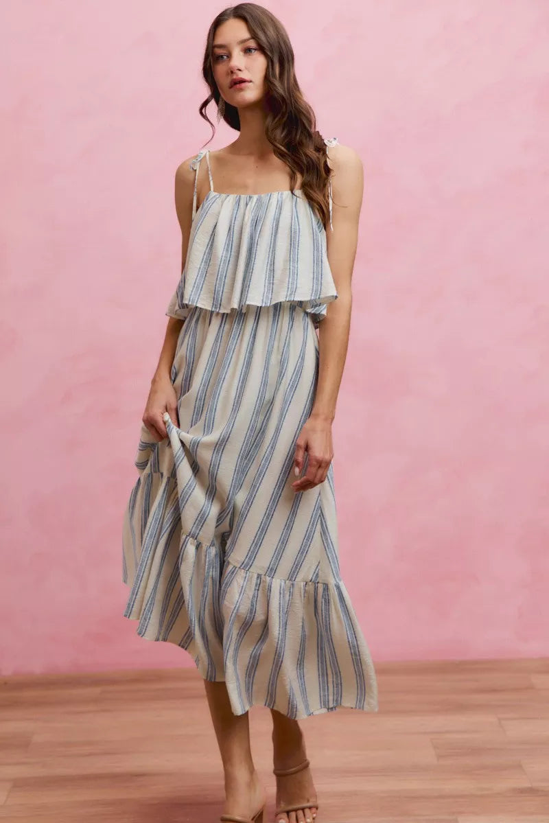 So Me Nautical Stripe Tiered Shoulder Tie Midi Dress