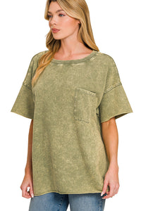 Zenana French Terry Mineral Washed Boyfriend Tee - Light Olive
