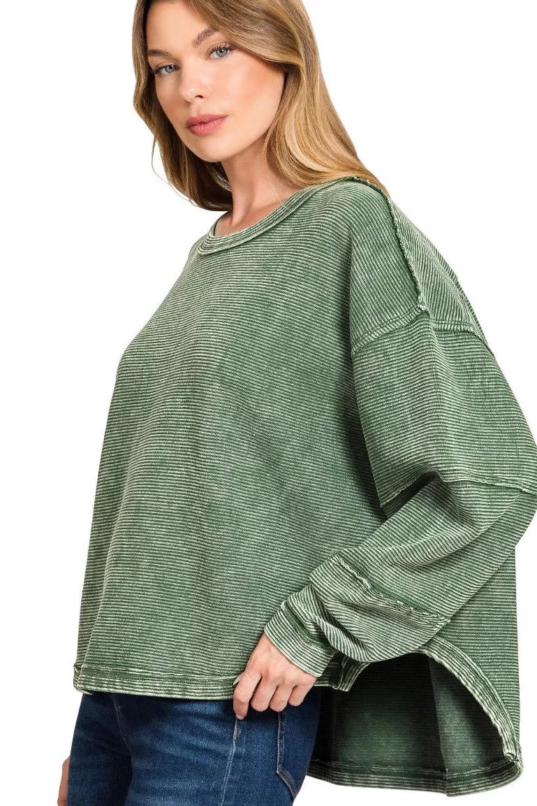 Zenana Acid Washed Exposed Seam Pullover in Dark Green