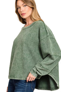 Zenana Acid Washed Exposed Seam Pullover in Dark Green