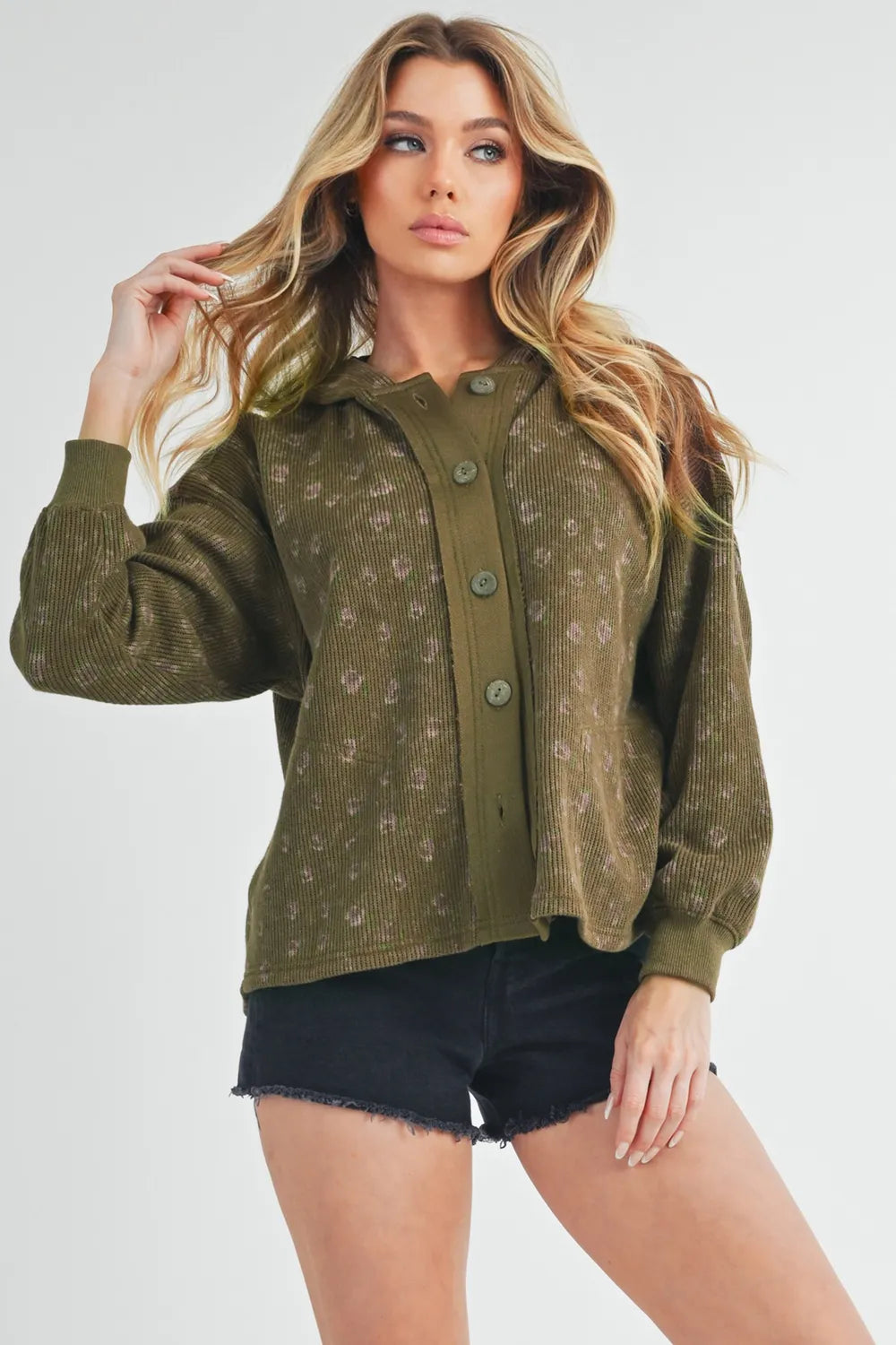 Aemi + Co Olive Floral Button Up Hooded Sweatshirt