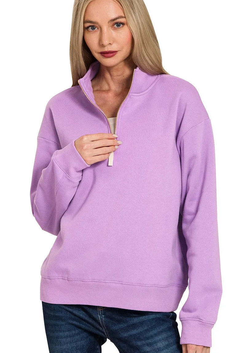 Zenana Quarter Zip Fleece Sweatshirt in Lavender