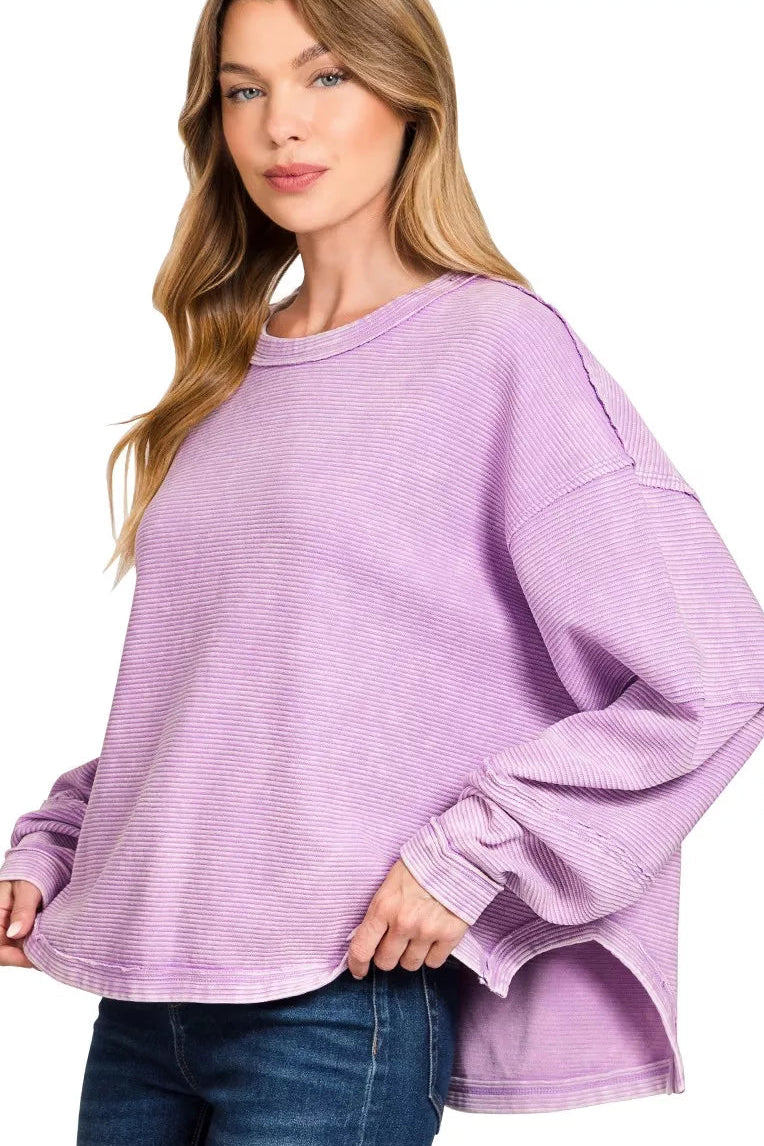 Zenana Acid Washed Exposed Seam Pullover in Lavender