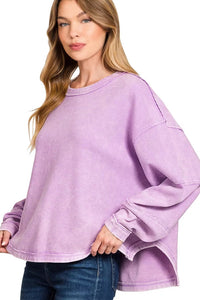 Zenana Acid Washed Exposed Seam Pullover in Lavender