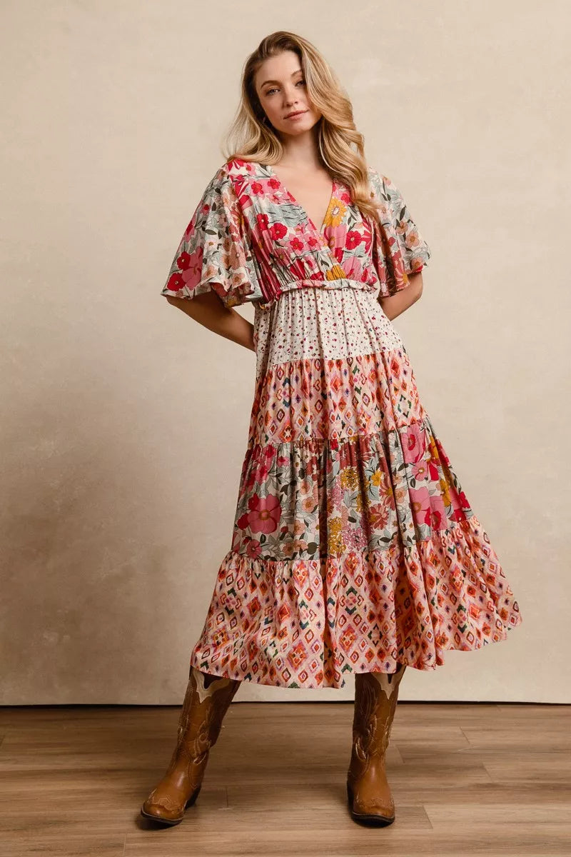 Bibi Floral Print Mix Midi Dress