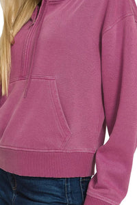 Zenana Fleece Pigment Dyed Half Zip Kangaroo Pocket Hoodie in Wine