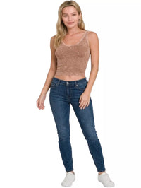 Zenana Washed Ribbed Seamless Cropped V-Neck Tank Top in Deep Camel