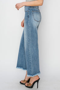 RISEN High Rise Raw Hem Cropped Wide Leg Jeans