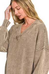Zenana Washed V-Neck Oversized Sweater - Brown