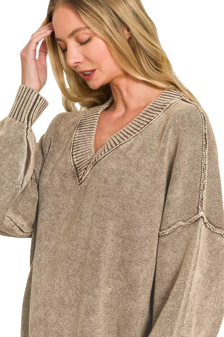 Zenana Washed V-Neck Oversized Sweater - Brown