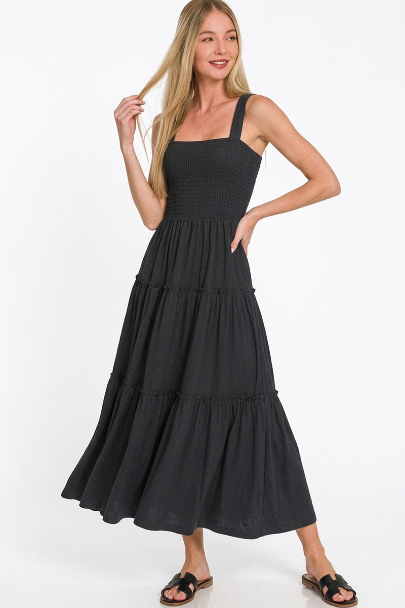 Zenana Smocked Tiered Midi Dress in Black