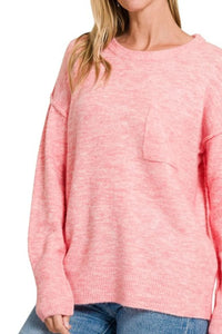 Zenana Round Neck Melange Sweater in Heathered Dark Pink