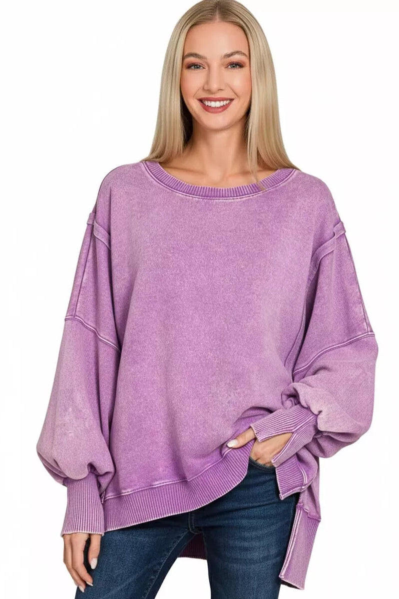 Zenana Acid Washed Batwing Sleeve Fleece Sweatshirt in Violet