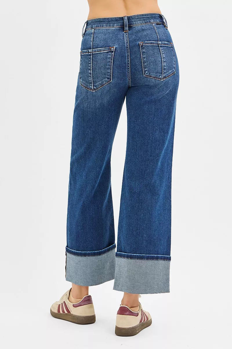Risen High Rise Crop Wide Straight Cuffed Jeans