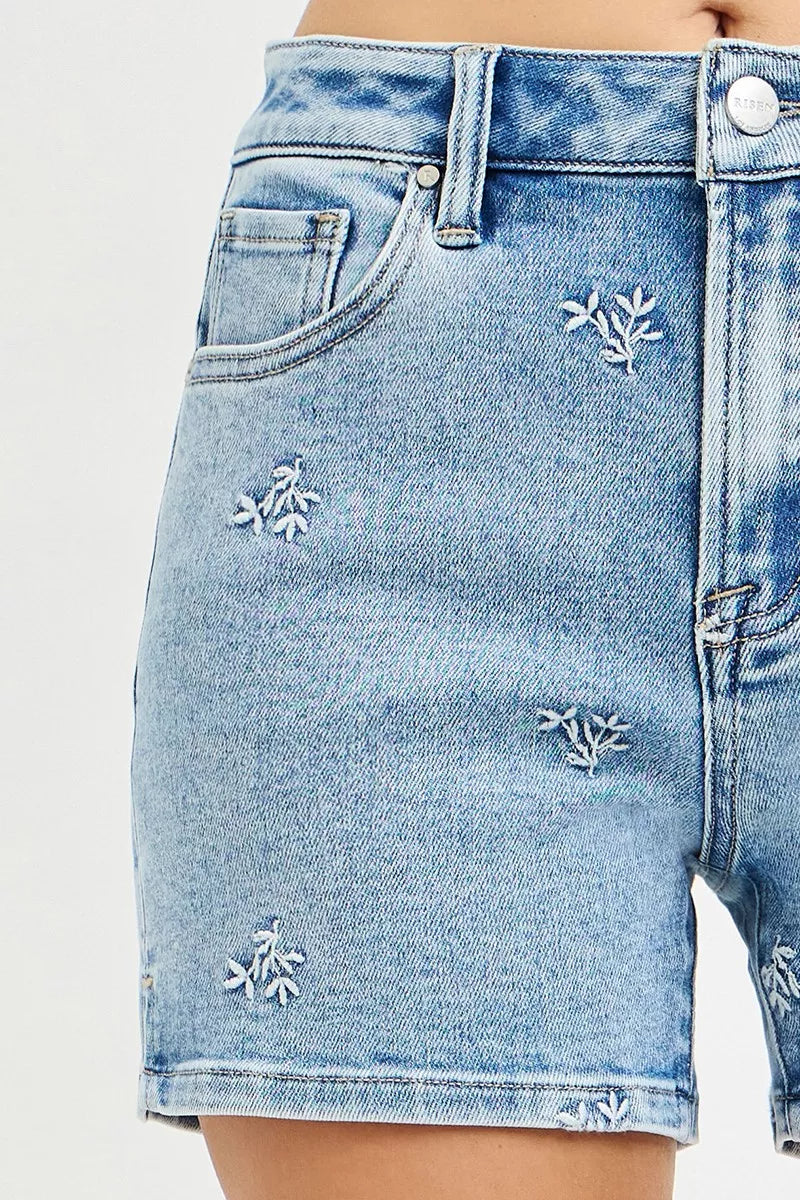 Risen High Rise Floral Embroidered Denim Shorts RDS6460