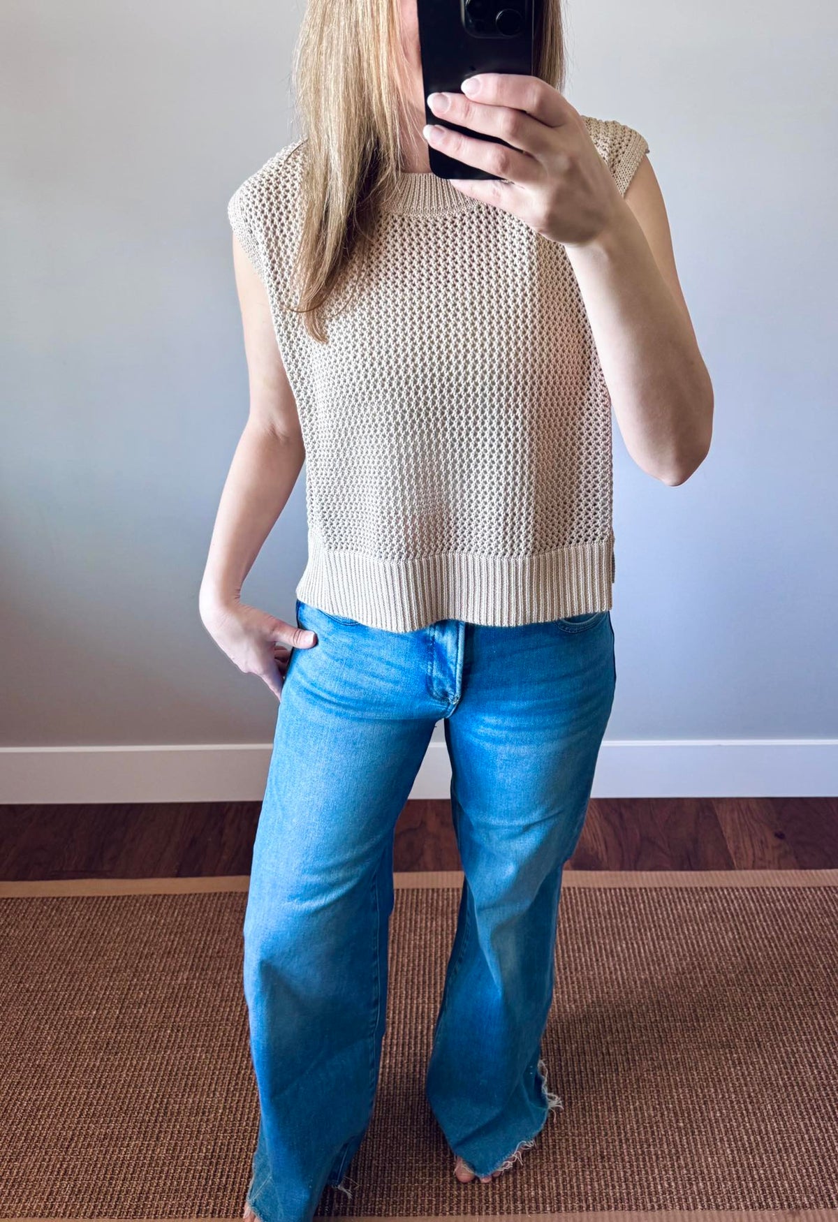 Risen Mid Rise Tummy Control Wide Leg Jeans & Open Knit Sleeveless Pullover Top