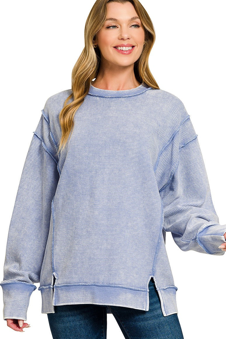 Acid Washed Double Ribbed Hi-low Pullover Sweatshirt in Marlin Blue