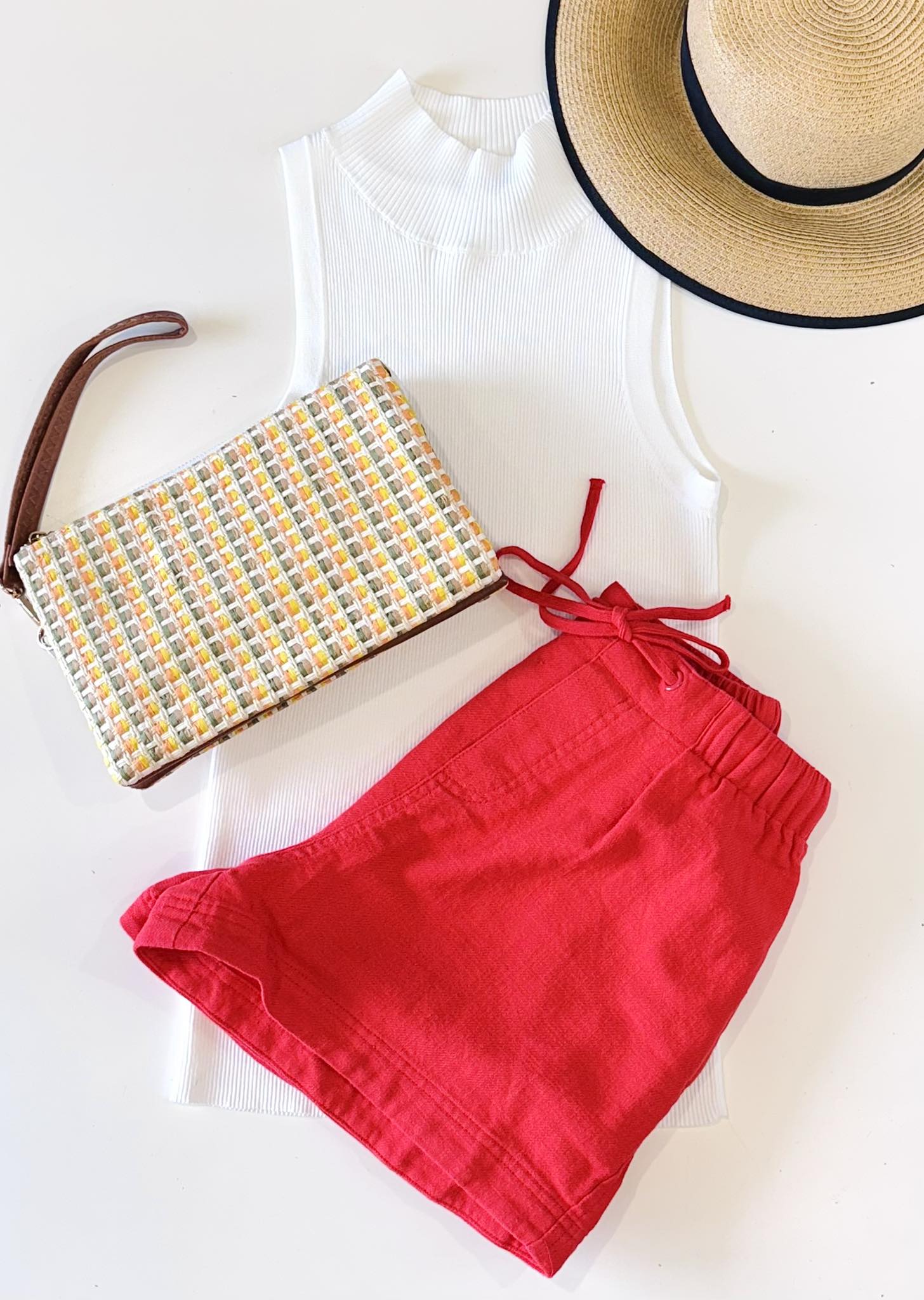 Wishlist Cotton Twill Shorts in Cherry Red & Entro Sleeveless Ribbed Mock Neck Sleeveless Top