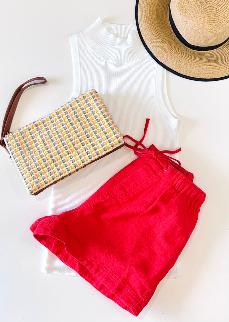 Wishlist Cotton Twill Shorts in Cherry Red & Entro Sleeveless Ribbed Mock Neck Sleeveless Top