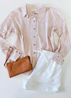 Wishlist Cotton Twill Shorts in Off White, By Together Vincent Button Down Shirt, and Jen & Co Riley Crossbody Clutch in Saddle
