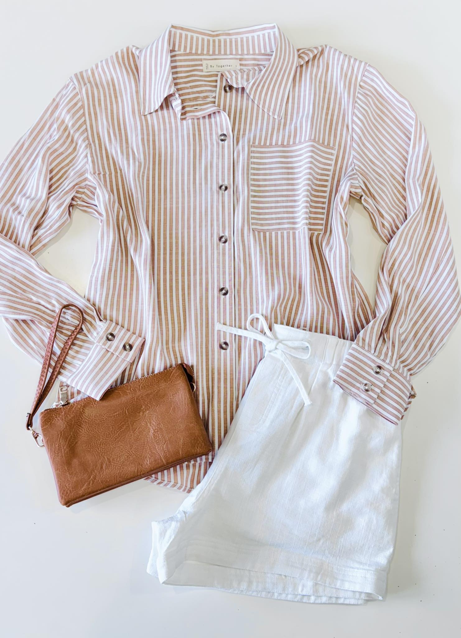 Wishlist Cotton Twill Shorts in Off White, By Together Vincent Button Down Shirt, and Jen & Co Riley Crossbody Clutch in Saddle