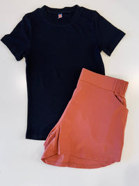 Mono B Around Town Women's Athleisure Shorts - Brown Patina & Fitted Ribbed Top