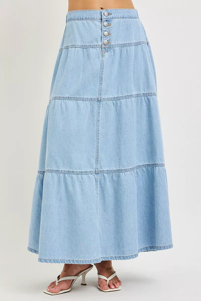 Risen Tiered Denim Maxi Skirt - Light Wash – Lilac East