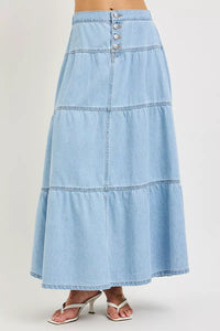 Risen Tiered Denim Maxi Skirt - Light Wash