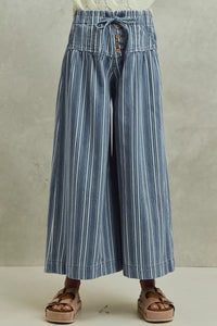 So Me Stripe Denim Washed Pleat Wide Leg Pants