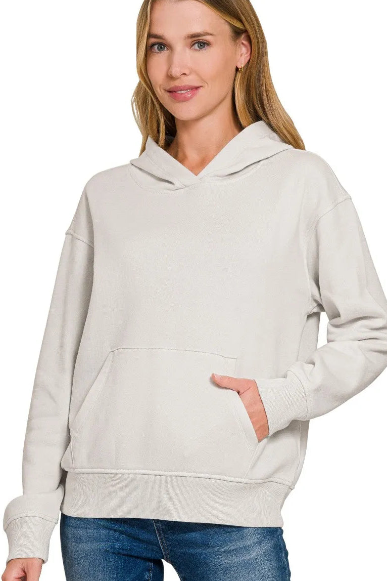 Zenana Fleece Kangaroo Pocket Hoodie in Bone