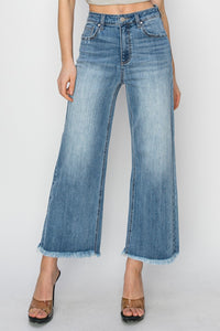 RISEN High Rise Raw Hem Cropped Wide Leg Jeans