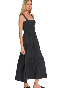 Zenana Smocked Tiered Midi Dress in Black