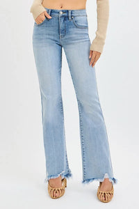 Risen Mid Rise Tummy Control Frayed Hem Flare Jeans