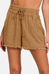 Linen Frayed Hem Drawstring Shorts