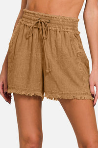 Linen Frayed Hem Drawstring Shorts