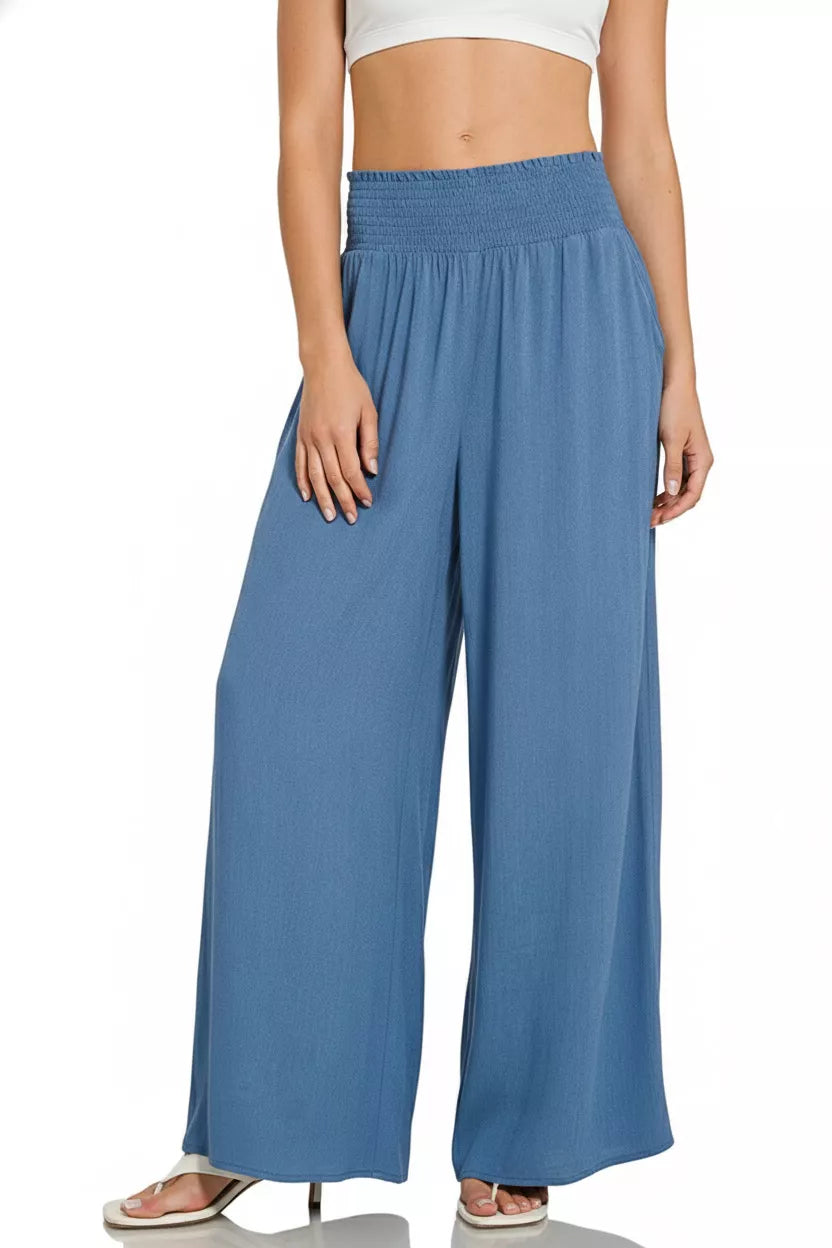 Smocked Waistband Wide Leg Pants in Denim Blue