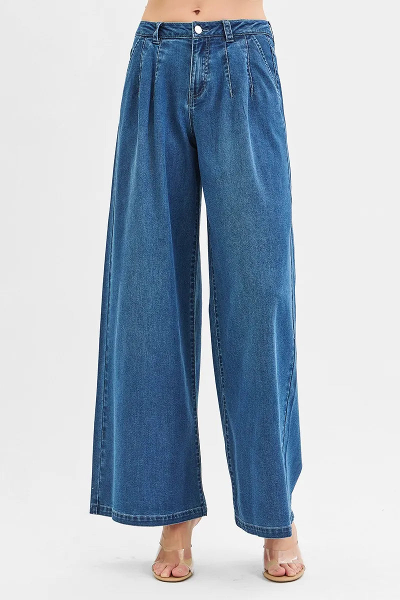 Risen High Rise Wide Leg Knit Denim Pants