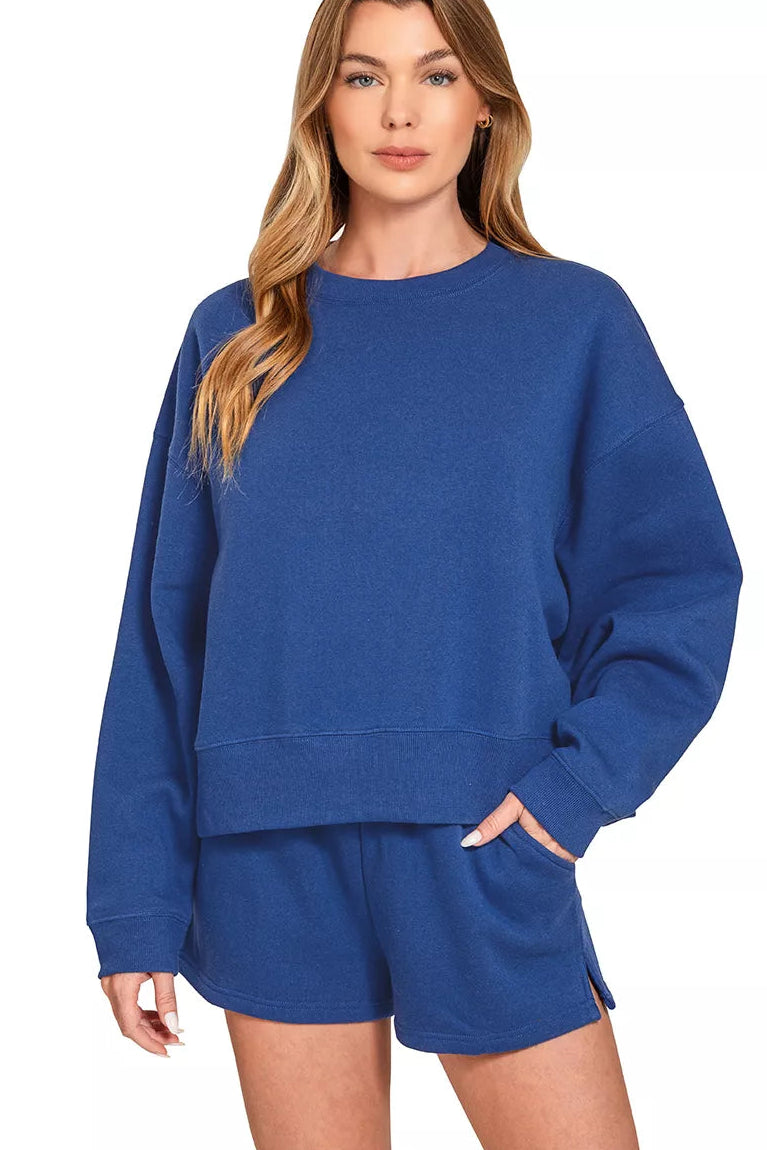 Zenana Fleece Round Neck Pullover Sweatshirt and Shorts Set in Light Navy