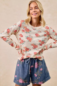 Bibi Floral Print Washed Waffle Knit Thermal Top