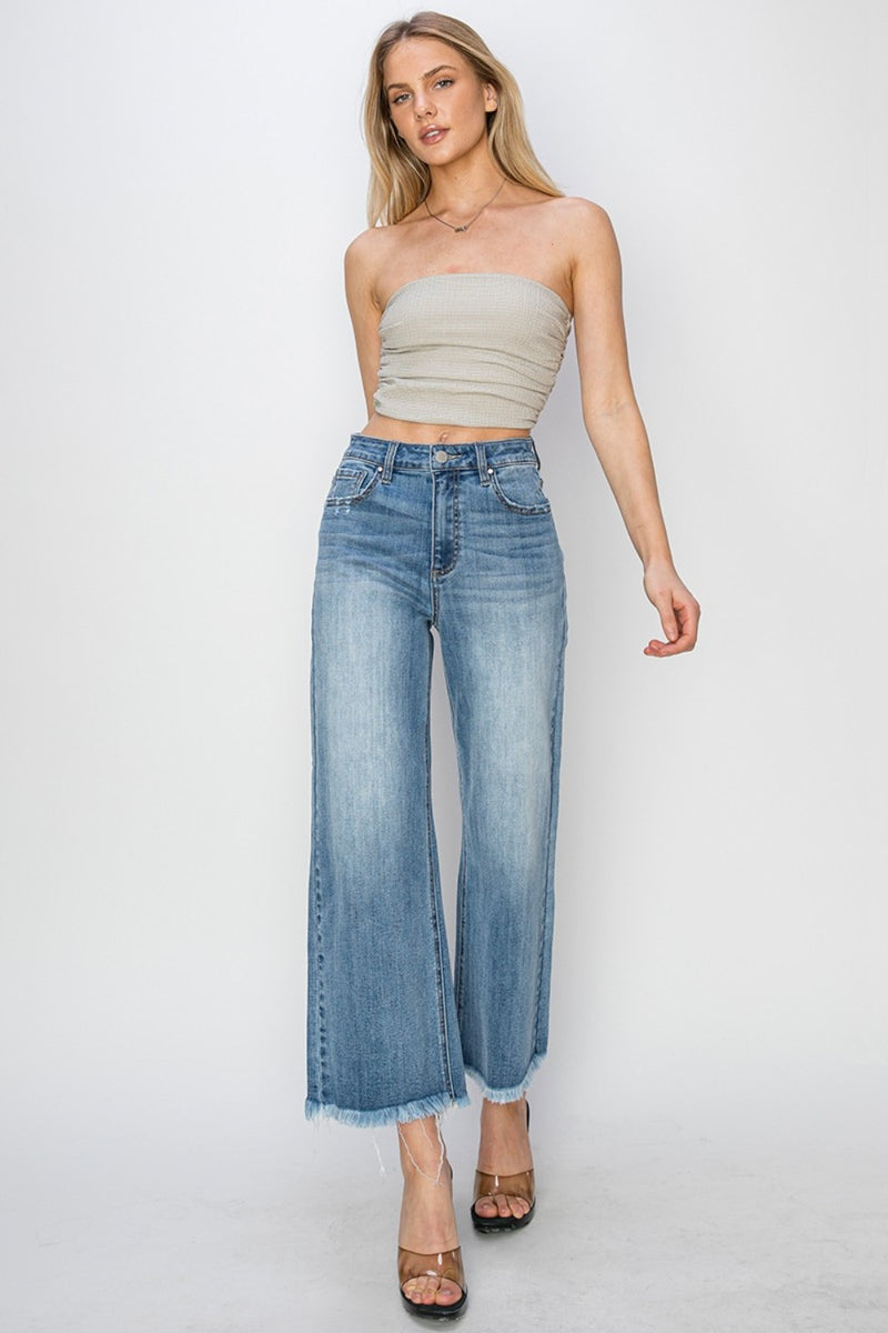 RISEN High Rise Raw Hem Cropped Wide Leg Jeans