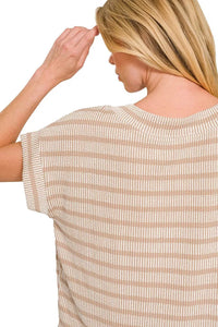 Zenana Boxy Raised Rib Striped Top in Ash Mocha
