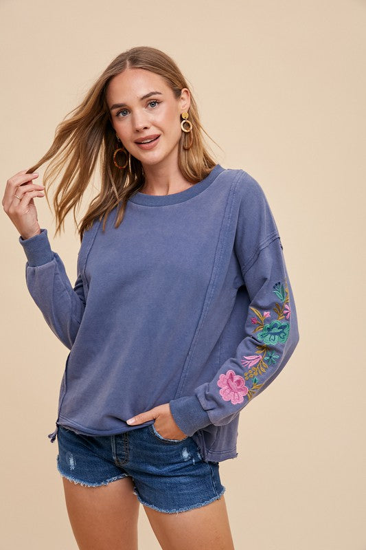 Washed French Terry Embroidered Long Sleeve Top