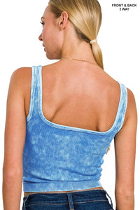 Zenana Washed 2 Way Neckline Ribbed Tank in Ocean Blue
