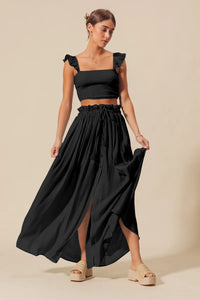 Smocked Top and Flowy Maxi Skirt Set in Black