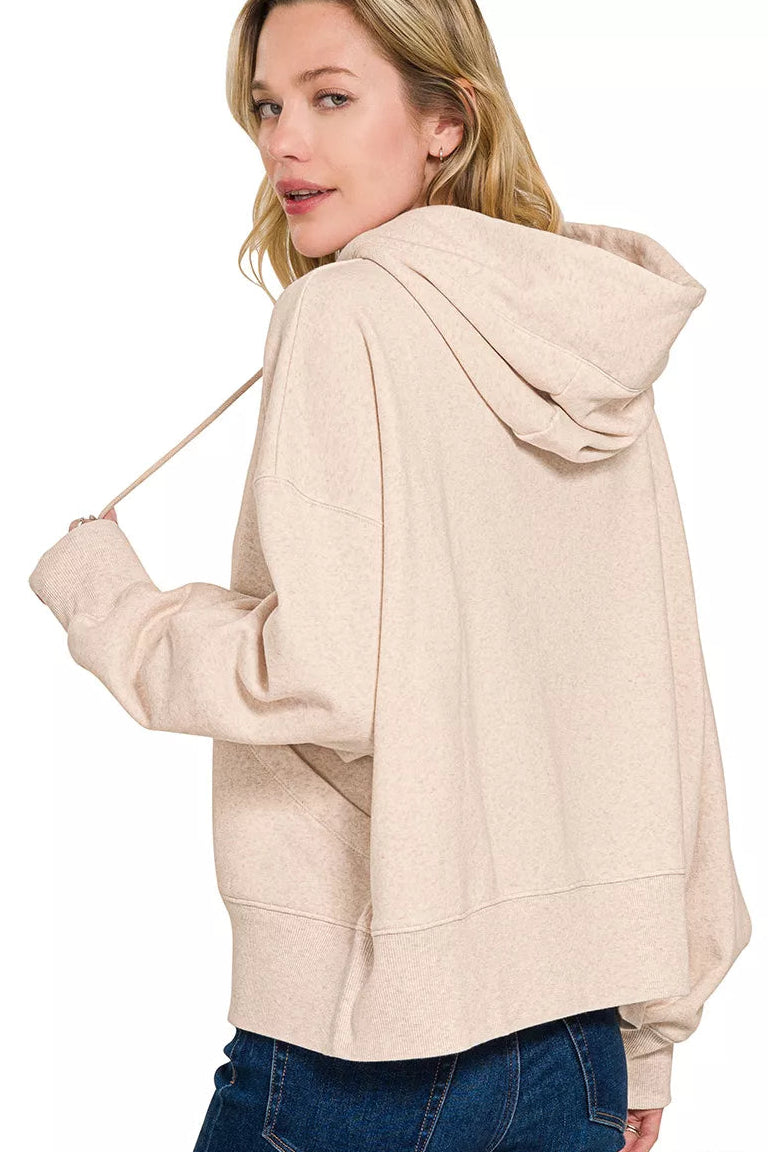 Zenana Fleece Oversized Kangaroo Pocket Hoodie in Heather Beige