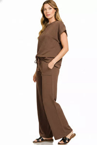 Cotton Slub Short Sleeve Tee and Pants Set in Brown