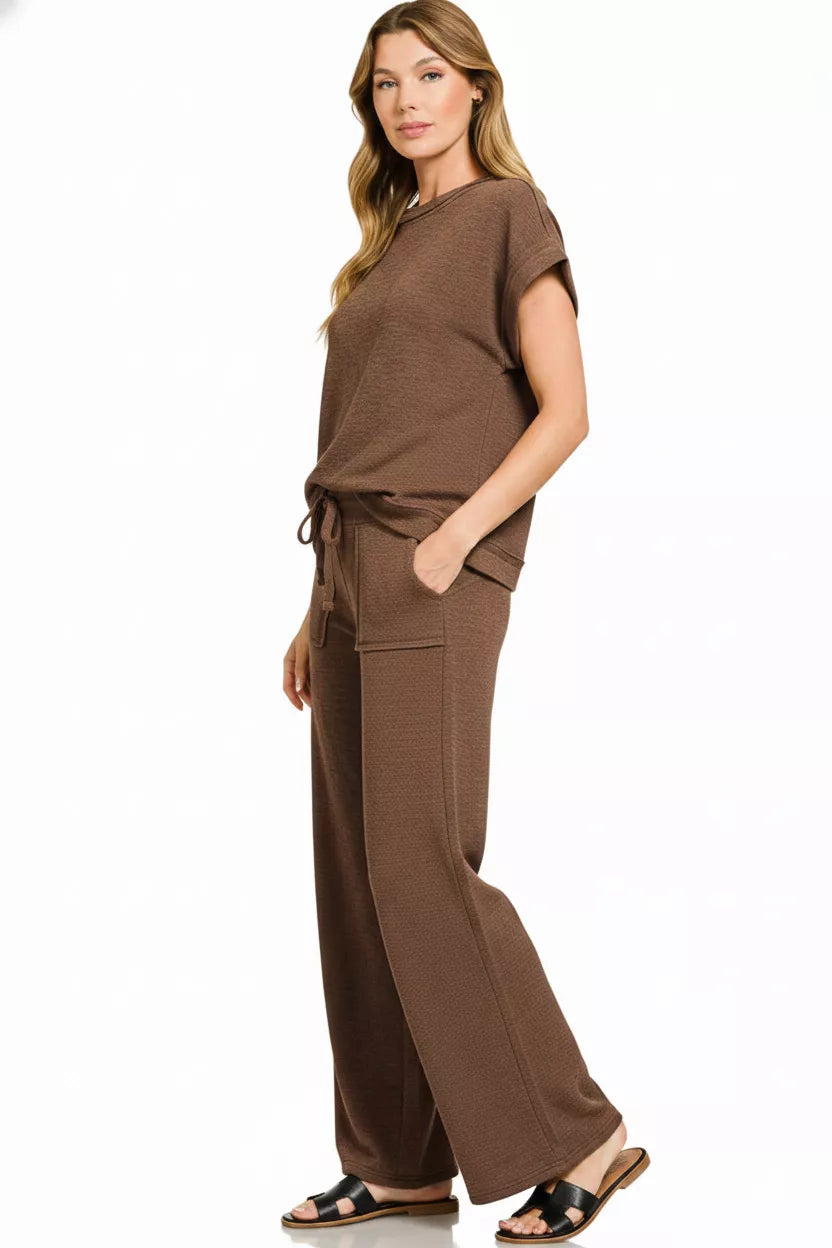 Cotton Slub Short Sleeve Tee and Pants Set in Brown