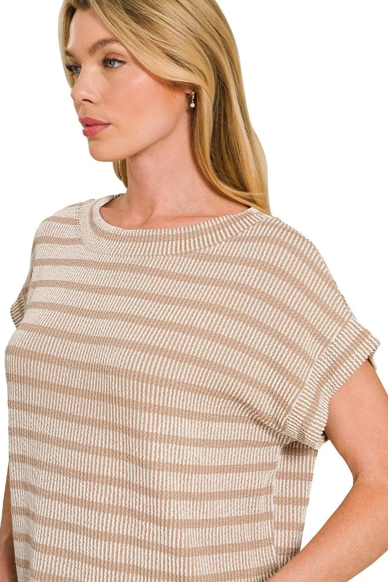 Zenana Boxy Raised Rib Striped Top in Ash Mocha